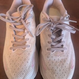 Hoka One One White and Pink Athletic Shoes with Knit Texture